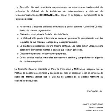 Sondikatel política de calidad 