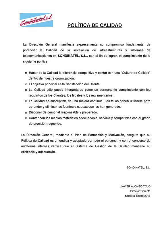 Sondikatel política de calidad